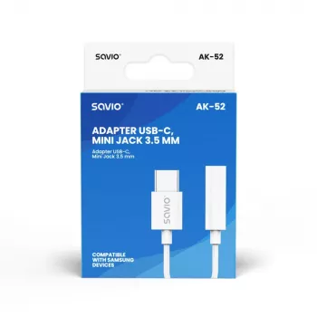 USB Type-C (M) – Jack 3,5 mm (M) garso adapteris baltas SAVIO AK-52