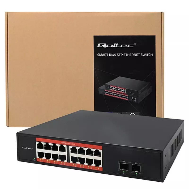Tinklo jungiklis QOLTEC 52364 – Gigabit Ethernet PoE 16xRJ45, 2xSFP