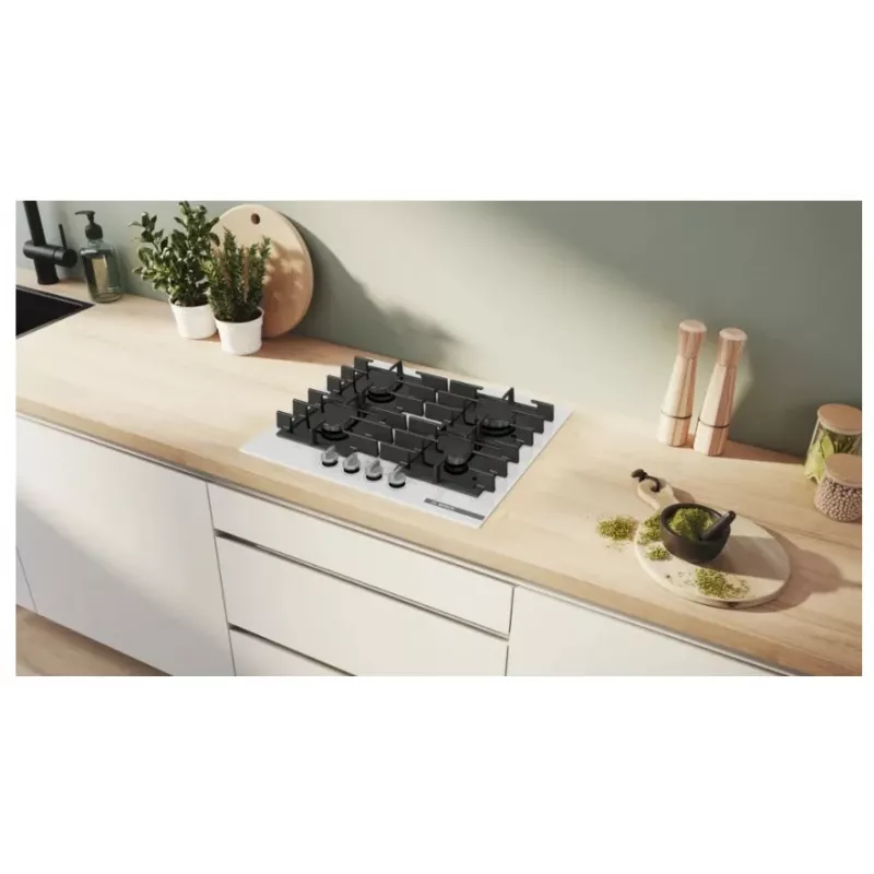 Įmontuojama dujinė kaitlentė Bosch PPP6A2I40, 4 zonos, ketaus grotelės, juoda, 590×520×54 mm, sukamos rankenėlės