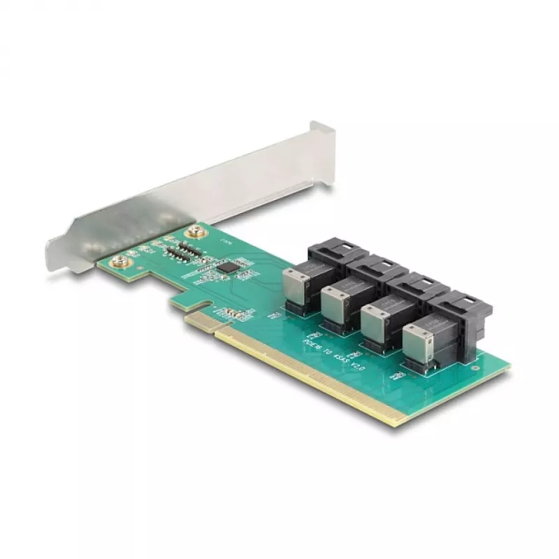 DELOCK PCIe x16 bifurkacijos kortelė 4× vidiniams SFF-8643 NVMe, low-profile