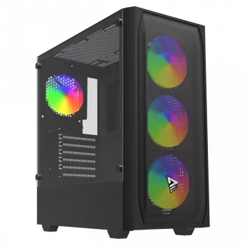 PC korpusas SAVIO Noctis Flow RGB — Cube, ATX/Mini-ITX, 3x 120 mm priekiniai ventiliatoriai, grūdintas stiklas, maks. GPU 35 cm