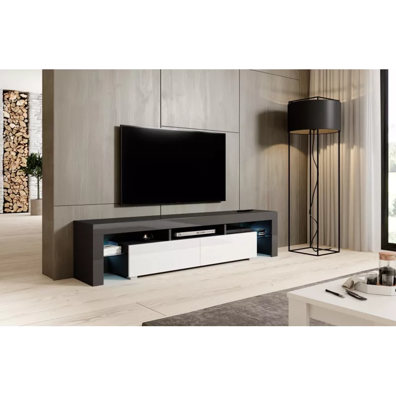 TV stovas Cama Meble TORO 200 2000×350×410 mm, pilkas stalviršis iš medžio drožlių plokštės, pilkai/baltas blizgesys