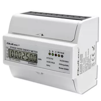 Qoltec Trifazis Dvikryptis Elektroninis Skaitiklis | DIN bėgio energijos suvartojimo matuoklis | 400V | 100A | LCD | 4P