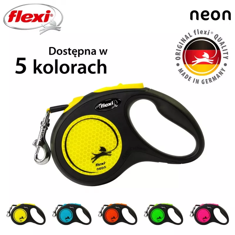 Flexi New NEON atsitraukiamas pavadėlis 5 m - juostinis, mažiems šunims iki 15 kg, juoda/geltona