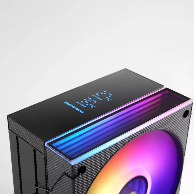 Oro aušintuvas TACENS Mars Gaming MCPU-LCD, 120 mm ventiliatorius, TDP 300 W, palaiko LGA1700/1200/115x/1366 ir AM4/AM5, juodas