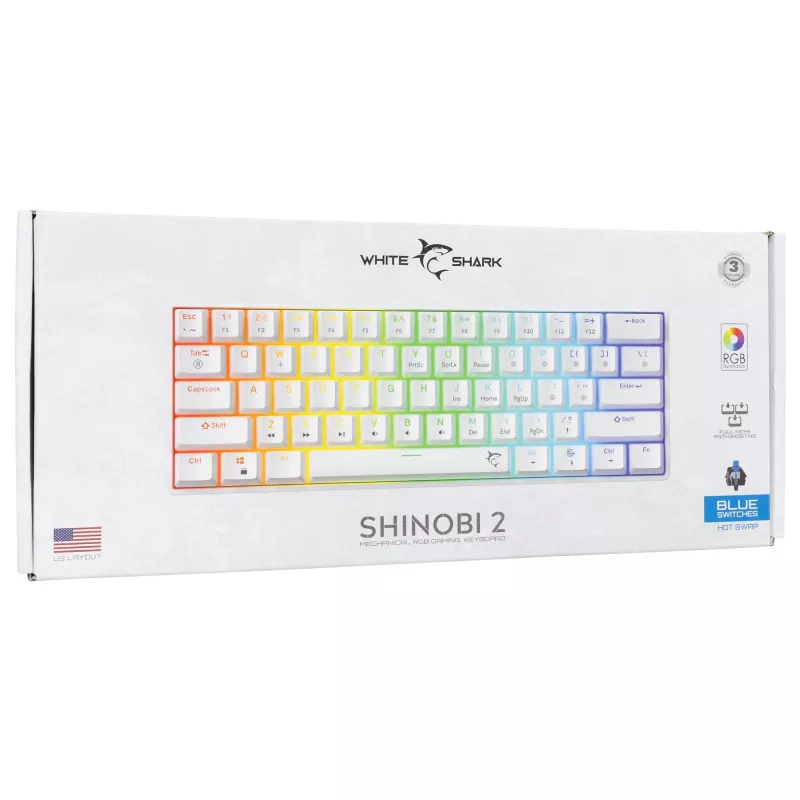 Laidinė mechaninė klaviatūra White Shark Shinobi-2 (GK-004221) – mėlyni jungikliai, balta, US išdėstymas