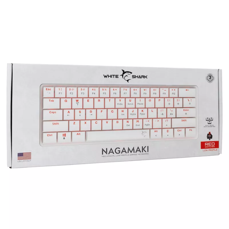 Mechaninė klaviatūra White Shark Nagamaki GK-006211 — kompaktiškas išdėstymas, Red mechaniniai jungikliai, baltas korpusas