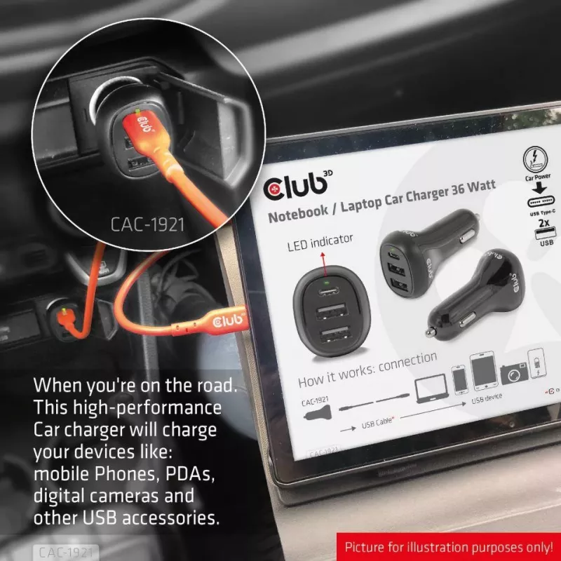 CLUB3D automobilinis nešiojamojo kompiuterio įkroviklis 36 W, cigarečių degtukas, 24 V, juodas