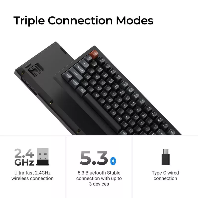 Mechaninė klaviatūra Keychron V1 Ultra 8K — 75% formata, QWERTY, Bluetooth, RGB, Juoda