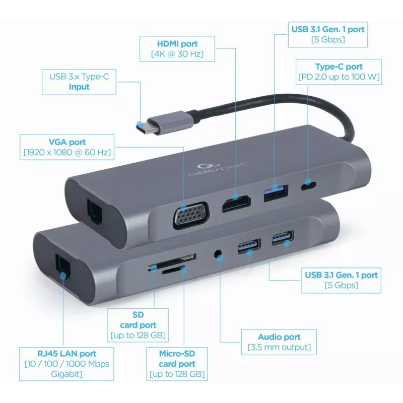 Gembird A-CM-COMBO7-01 nešiojamojo kompiuterio dokas / prievadų replikatorius USB 3.2 Gen 1 (3.1 Gen 1) Type-A Pilka