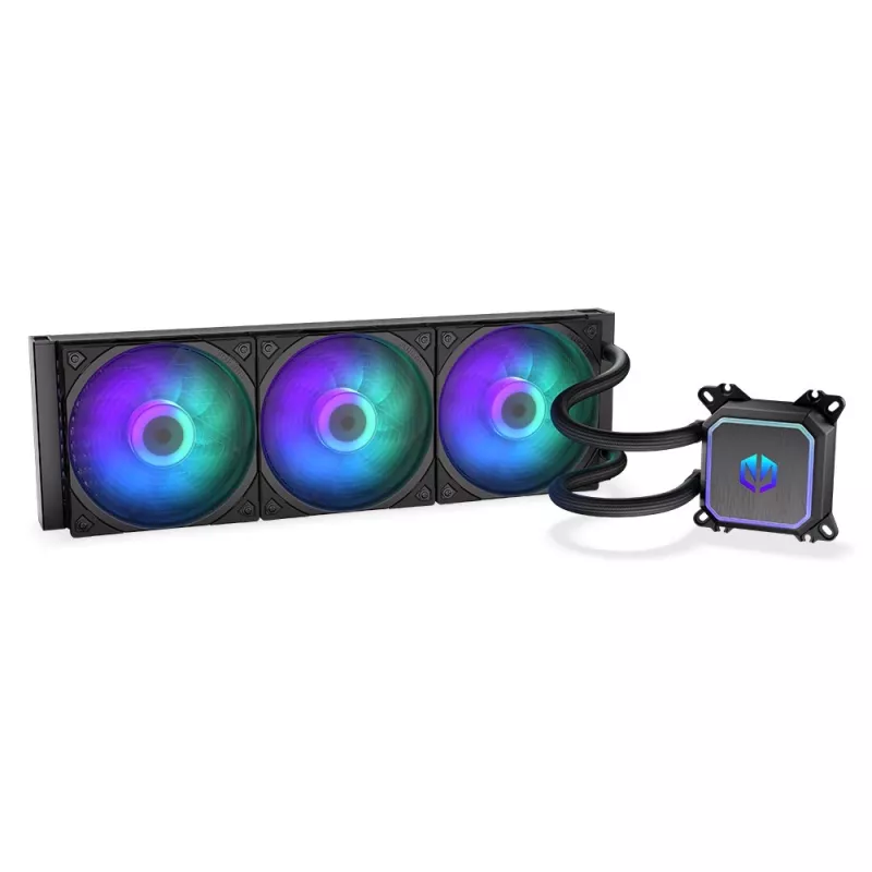 Skysčio aušintuvas ENDORFY Navis F360 ARGB Juodas – 360 mm radiatorius, 3x 120×25 mm ventiliatoriai, 250–1800 RPM, siurblys 1600–2600 RPM, LGA 1700/AM5/AM4