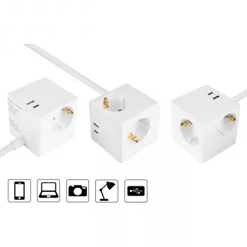 Kabelmeister SW01-W050 elektros lizdų kubas, 3x Schuko, USB-C (20 W, PD 3.0) + USB-A (18 W), 5 m kabelis, baltas