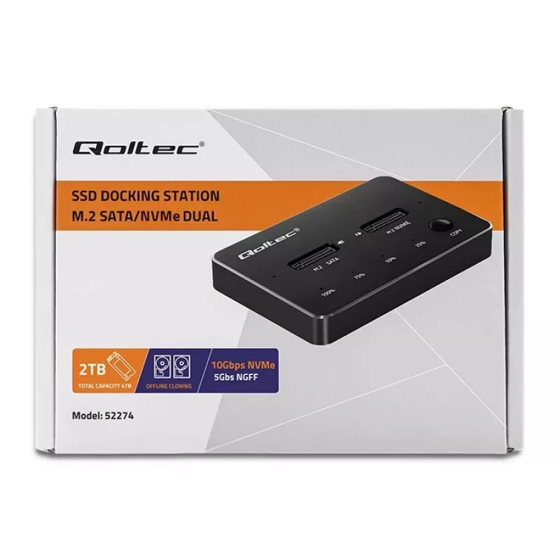 Qoltec 52274 M.2 SSD diskų dėklas | NVMe | SATA | USB-C | DUAL 2 x 2TB