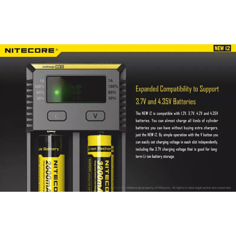 Baterijų kroviklis Nitecore NEW i2 — 2 angos, LiFePO4, Li-Ion, NiMH, 100–240 V, juodas