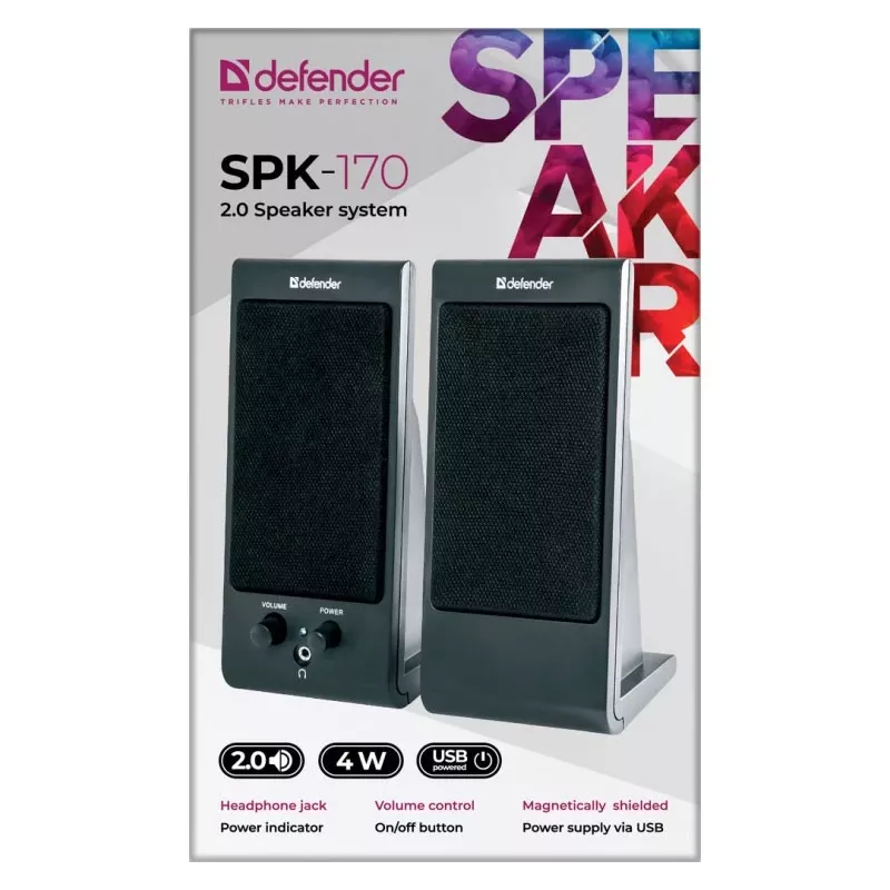 Garsiakalbiai staliniai DEFENDER SPK-170 2.0, 4 W RMS, laidiniai USB 5 V, 3,5 mm, juodi