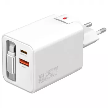 4smarts 541065 GaN Flex Jojo 65W kroviklis į lizdą, 2x USB-C PD + USB-A QC 3.0, išskleidžiamas USB-C laidas, 100-240V, baltos spalvos