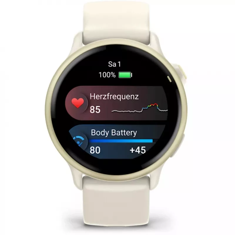 Išmanusis laikrodis Garmin vívoactive 6 (42 mm) su 1,2" AMOLED 390 x 390 liečiamuoju ekranu, GPS, Wi-Fi, 8 GB atmintimi, Lunar Gold aliuminio korpusu ir Bone silikoniniu dirželiu