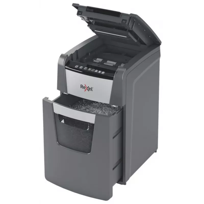 Rexel Optimum AutoFeed+ 130X popieriaus smulkintuvas, kryžminis pjovimas, 55 dB, 22 cm, juodas, sidabrinis