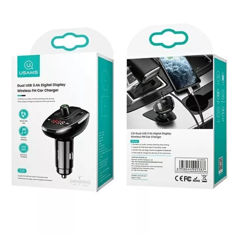USAMS US-CC115 C21 automobilinis FM siųstuvas su dvigubu USB įkrovikliu, Bluetooth 5.0, 3,4 A, juodas