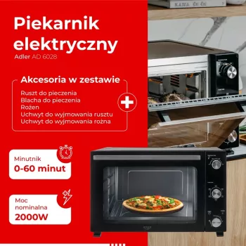 Elektrinė orkaitė Adler AD 6028 – 60 L, 2000 W, laisvai pastatoma, sukamosios rankenėlės, rotiseris, max 230 °C, juoda