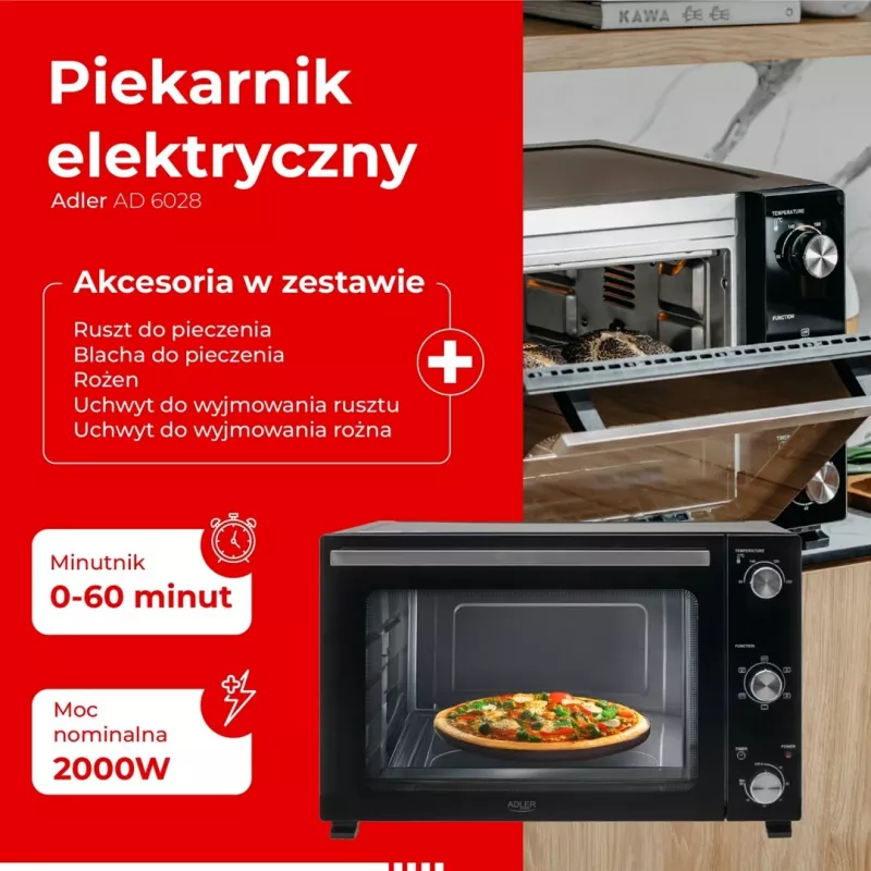 Elektrinė orkaitė Adler AD 6028 – 60 L, 2000 W, laisvai pastatoma, sukamosios rankenėlės, rotiseris, max 230 °C, juoda