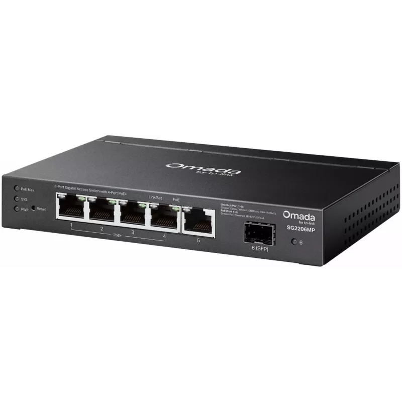 TP-Link SG2206MP L2 Gigabit Ethernet PoE 5 prievadų tinklo jungiklis (5x Gigabit, 1x SFP, PoE+ 4 prievadai, 63W biudžetas)
