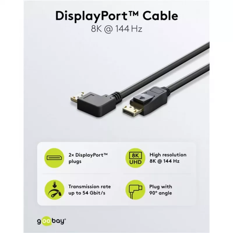 Kabelis DisplayPort Kištukas 90° > DisplayPort Kištukas, 8K / 144Hz (juodas, 2 metrai, 1 kištukas 90° šoninis, 54 Gbit/s, DisplayPort 2.0 / 2.1)