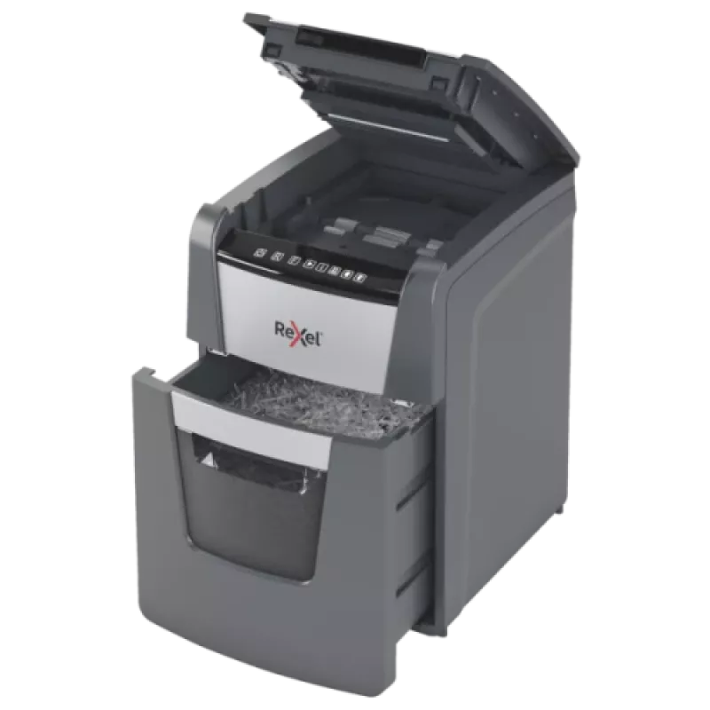 Popieriaus smulkintuvas REXEL Optimum AutoFeed+ 100X — automatinis 100 lapų, kryžminis pjovimas 4 x 28 mm, 34 L krepšelis, aliuminis