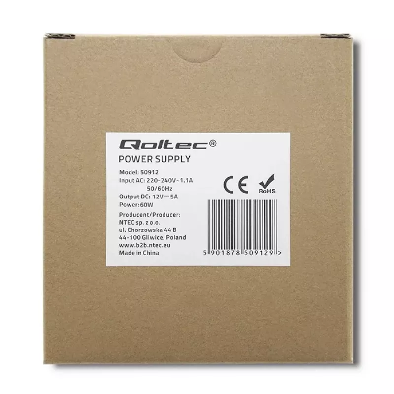 Qoltec maitinimo šaltinis bėgiui DIN | 60W | 12V | 5A | Baltas | Plonas
