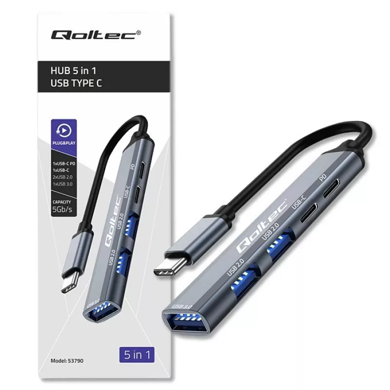 Qoltec 53790 USB-C 3.1 5in1 adapteris – USB-C PD, USB-C, 2x USB 2.0, USB 3.0