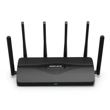 Stalinis maršrutizatorius MERCUSYS MR47BE — trijų juostų Wi‑Fi 7 (2.4/5/6 GHz), 9300 Mbps, 3× RJ‑45, 2.5GbE, 6 išorinių antenų