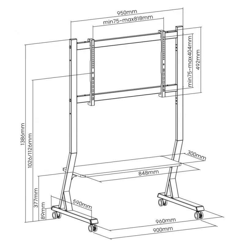 Mobilus televizoriaus stovas ART STO SD-22 45–90 colių, VESA 100×100–800×400, 60 kg, plienas, ratukai