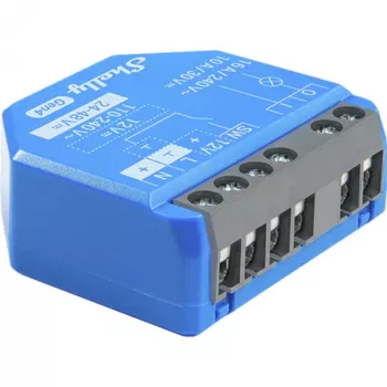 Išmanusis jungiklis Shelly 1 Gen4 — belaidis 240 V AC, Wi‑Fi 2.4 GHz, Bluetooth 5.0, ZigBee, plastikinis korpusas 42×16×37 mm