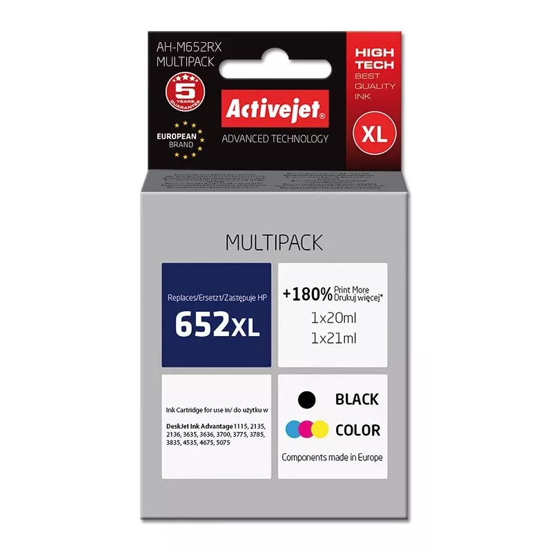 Rašalinė kasetė Activejet AH-M652RX (atitinka HP 652 F6V25AE/F6V24AE; Premium; 1 x 20 ml, 1 x 21 ml; juoda, spalvota)