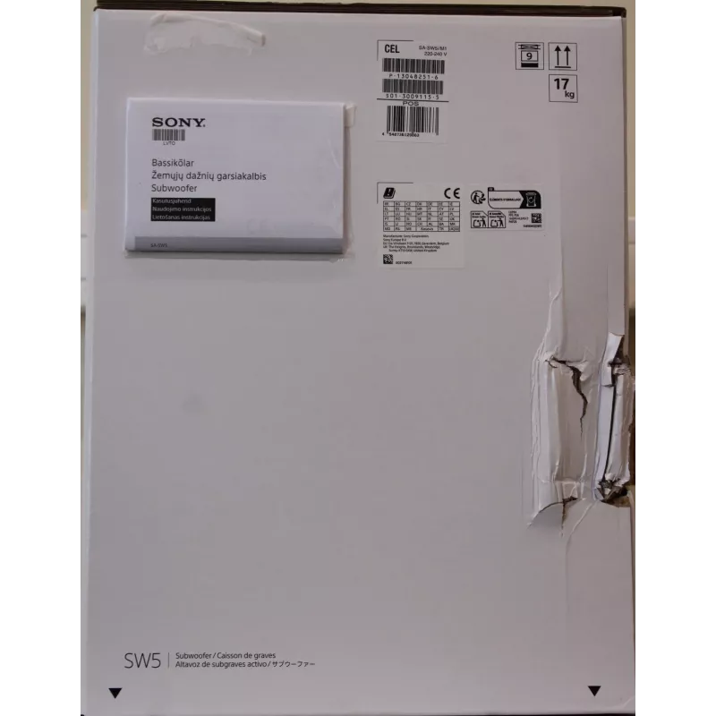 Belaidis žemų dažnių garsiakalbis Sony SA-SW5 300 W, 2 Ω, nešiojamas, juodas – HT-A9 / A7000 sistemoms (pažeista pakuotė)