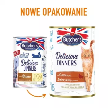 Šlapias kačių ėdalas Butcher's Delicious Dinners 400 g – suaugusioms katėms, elniena, 82% drėgmės, 8,5% baltymų, 5,5% riebalų