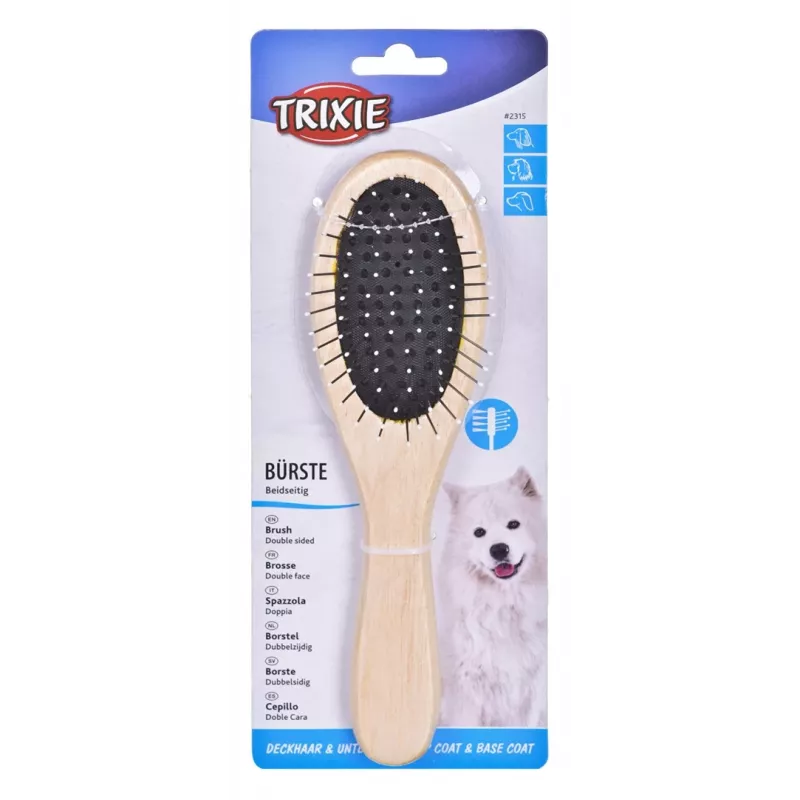Šunų šepetys Trixie 2315 Wood medinė rankena, dvipusis nailono šereliai, 225×55 mm
