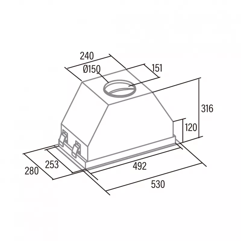 Įmontuojamas gartraukis CATA GCX 53 SD — 530 mm, 750 m³/h, metaliniai riebalų filtrai, jutiklinis valdymas, pilka spalva