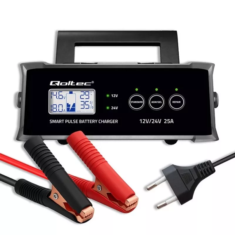 Įkroviklis QOLTEC 52514 – 12V/24V, 25A, AGM/GEL/SLA baterijoms su LCD ekranu