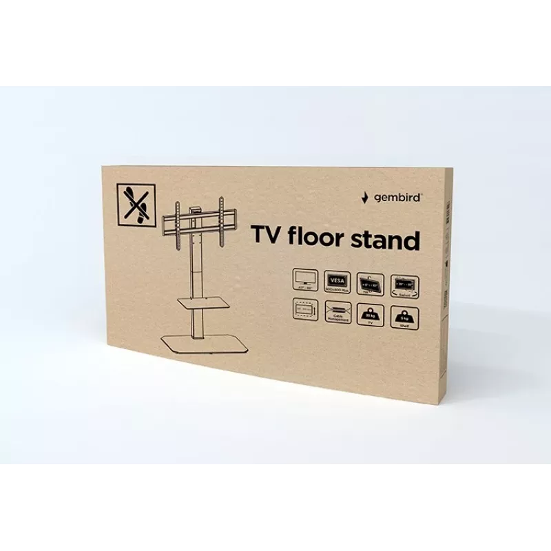 Grindinis TV stovas GEMBIRD TVS-86ST-01, 43–86 col., juodas, grūdinto stiklo pagrindas, VESA 100x100–600x400, 60 kg