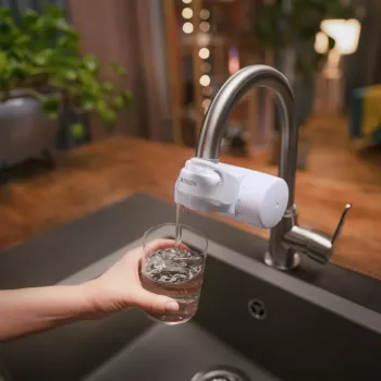 Vandens filtro ant čiaupo BRITA ON TAP V CU CE2 (1052067) — 4 pakopų, 600 l talpa, 3 režimai, 5 adapteriai, balta