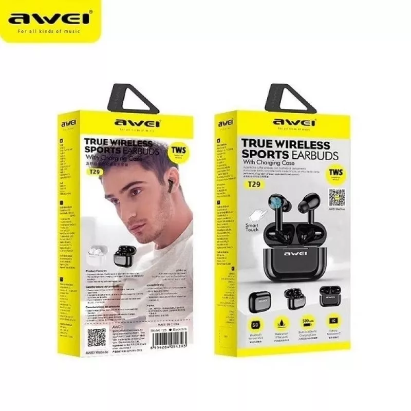 AWEI Bluetooth 5.0 T29 TWS ausinės su įkrovimo dėklu juodos/juodos