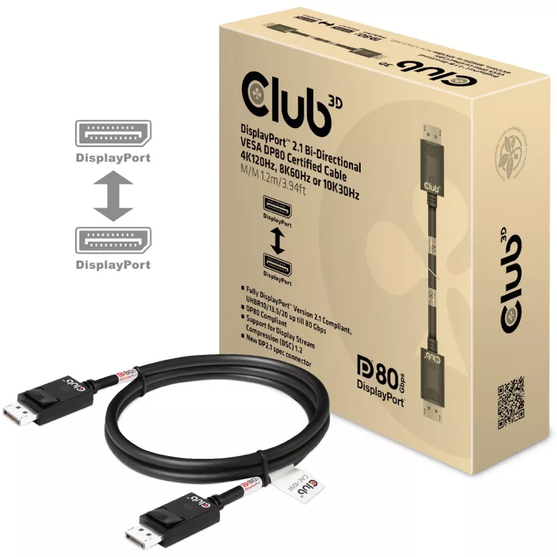 CLUB3D DisplayPort 2.1 dvipusis VESA DP80 sertifikuotas kabelis 4K240Hz, 8K60Hz arba 10K30Hz M/M 1,2 m