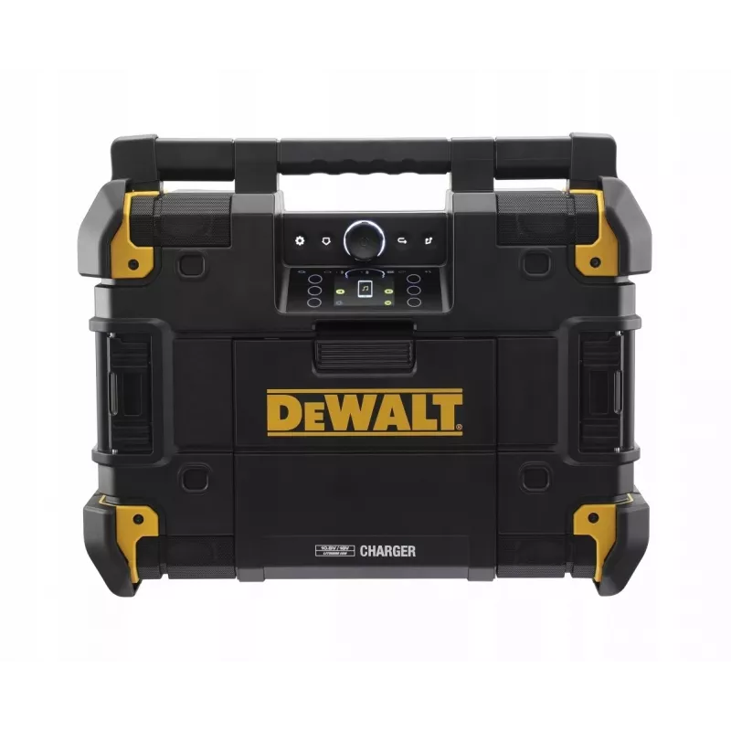 DeWalt DWST1-81078-QW nešiojamas radijas AM/FM skaitmeniniu imtuvu, LED ekranu, 4 garsiakalbiais, AC/DC maitinimu, USB prievadu, AUX išvestimi