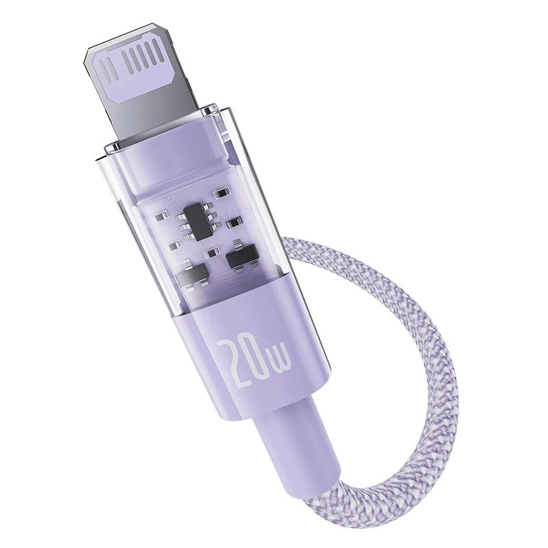 Greito įkrovimo USB-C – Lightning laidas Baseus Gem 1 m 20 W violetinis, nailono pynė, 7 kontaktų Lightning