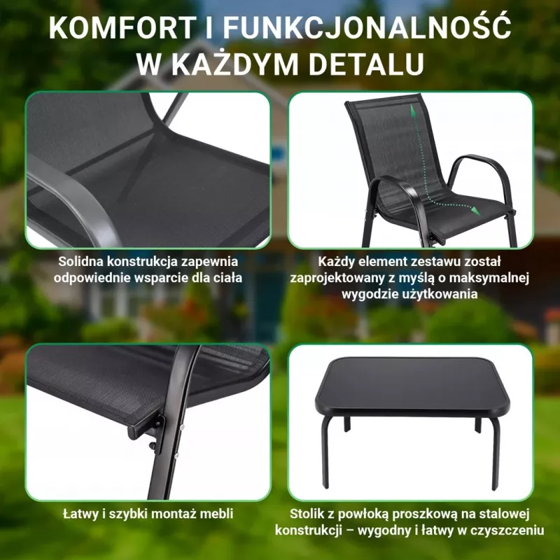Sodo baldų komplektas Extralink Black Forest du tekstiliniai krėslai + juodas stalas