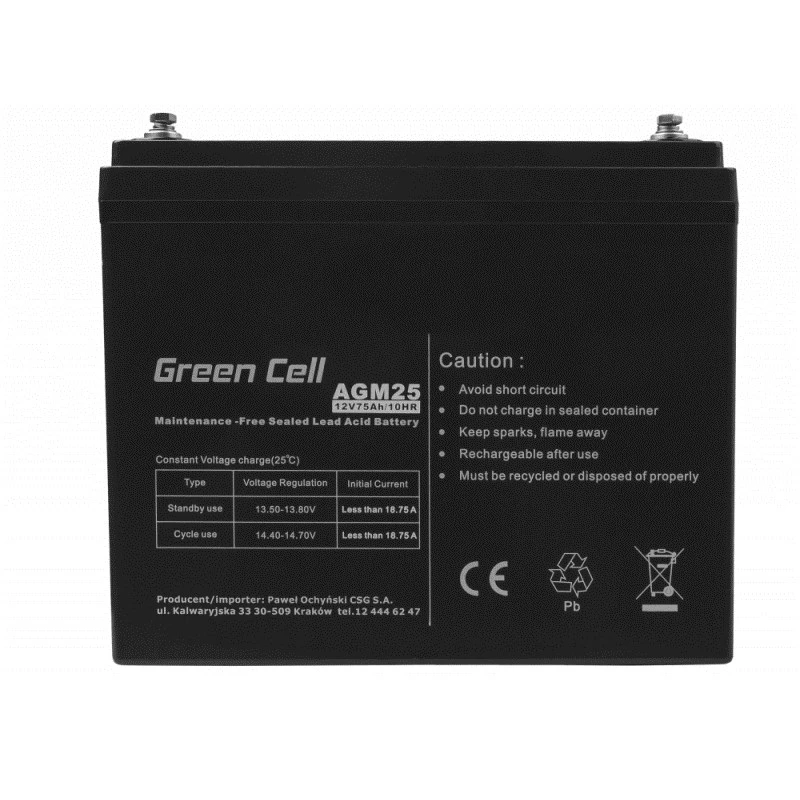 Neprižiūrimas švino rūgšties UPS akumuliatorius Green Cell AGM25 12 V 75 Ah, VRLA, 21,3 kg