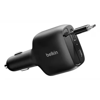 Belkin 75W 2-Port įkroviklis su įtraukiamu USB-C laidu automobiliui (CCC001HQBK)