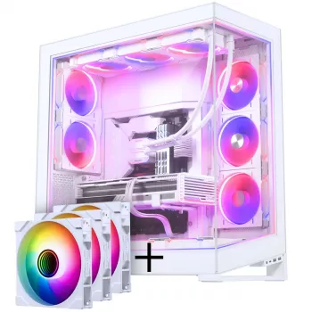 PHANTEKS NV-Series NV9 MK2 PC korpusas, EATX, DRGB, grūdintas stiklas - Baltas + M25 Gen2 PWM D-RGB ventiliatorius 3 vnt. komplektas - Atvirkštinė mentė, 140mm, Baltas + DRGB rinkinys