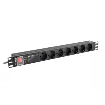 Maitinimo skirstytuvas LANBERG PDU-PRO-07F-0200-BK — 1U stovo PDU, 7 F tipo lizdai, 16 A, 2 m laidas, juodas